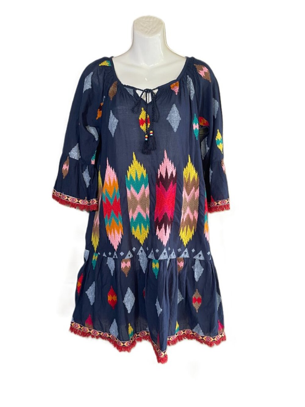 Lula Soul Navy Boho Dress with Multicolor Embroidered Tribal  Motif Size: XS
